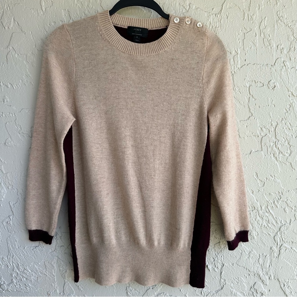 J.CREW Sweater Women Small Wool Cashmere‎ Colorblock Elbow Patch Purple Cream